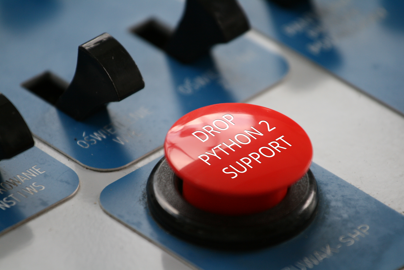 A control panel labeled in Polish, with a big red button with the text 'Drop Python 2 support' overlaid.